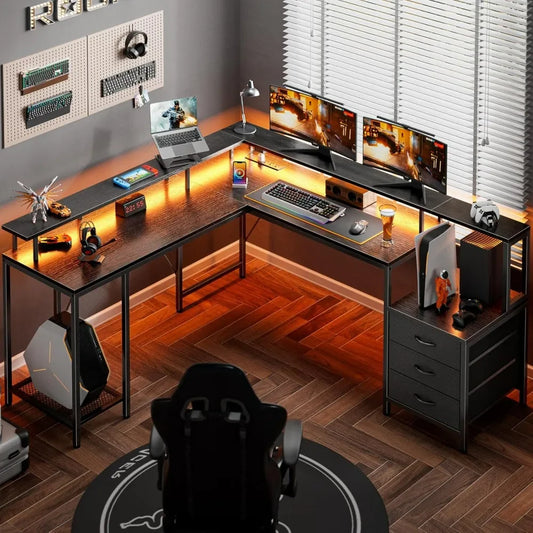 L Shaped Gaming Desk with LED Lights and Power Outlets, Computer Desk with 3 Drawers, 66.1 Inches Corner Desk