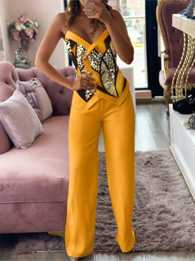 Spring Summer Sleeveless Suit Fashion Print Two Piece Sets Women Sexy V-neck Button Metal Sling Top & Wide Leg Pants Outfits