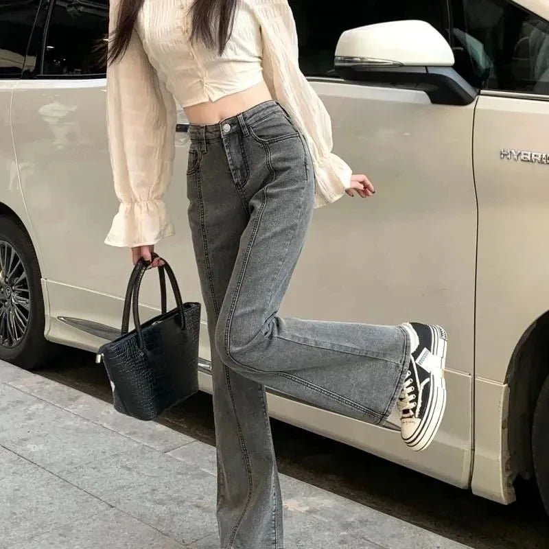 Vintage High Waist Flare Jeans High Street Women Boot Cut Denim Pant Slim Loose Korean Casual Button Up Zippers Gray Trousers