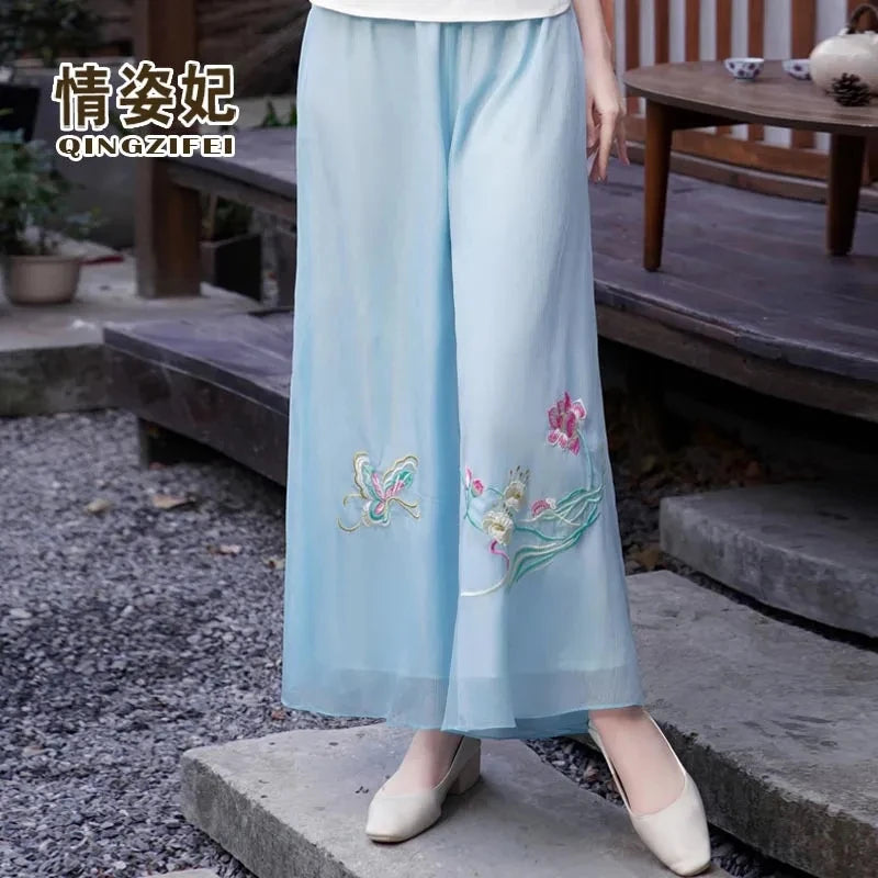 Spring Chiffon Embroidery Wide Leg Pants Woman Clothing High Waist Fashion Tang Dress Skirt Pants Female Vintage Chinese Style