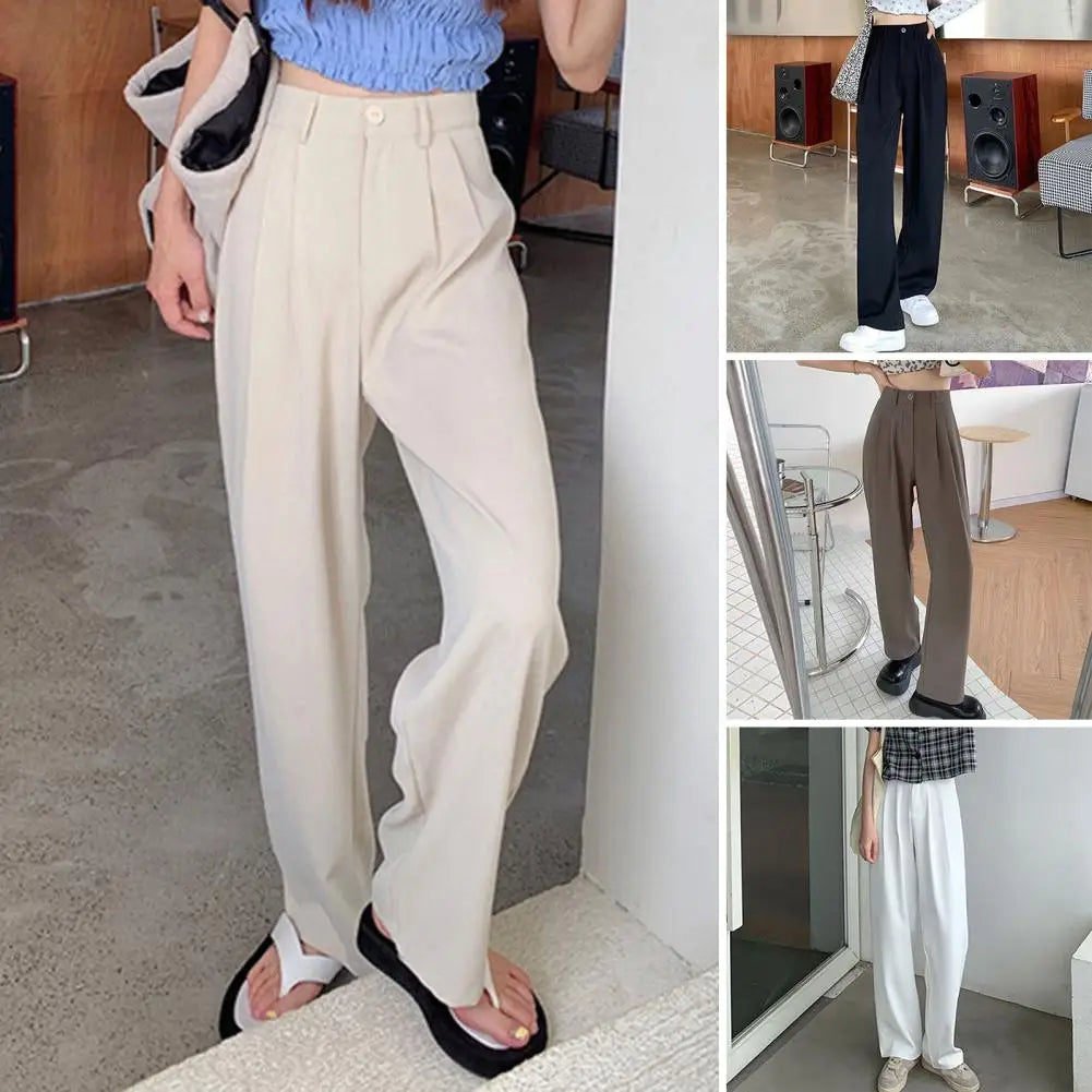 Wide Leg Dress Pants Elegant Women's High Waist Wide Leg Suit Pants with Pockets Solid Color Office Lady Trousers Button Zipper