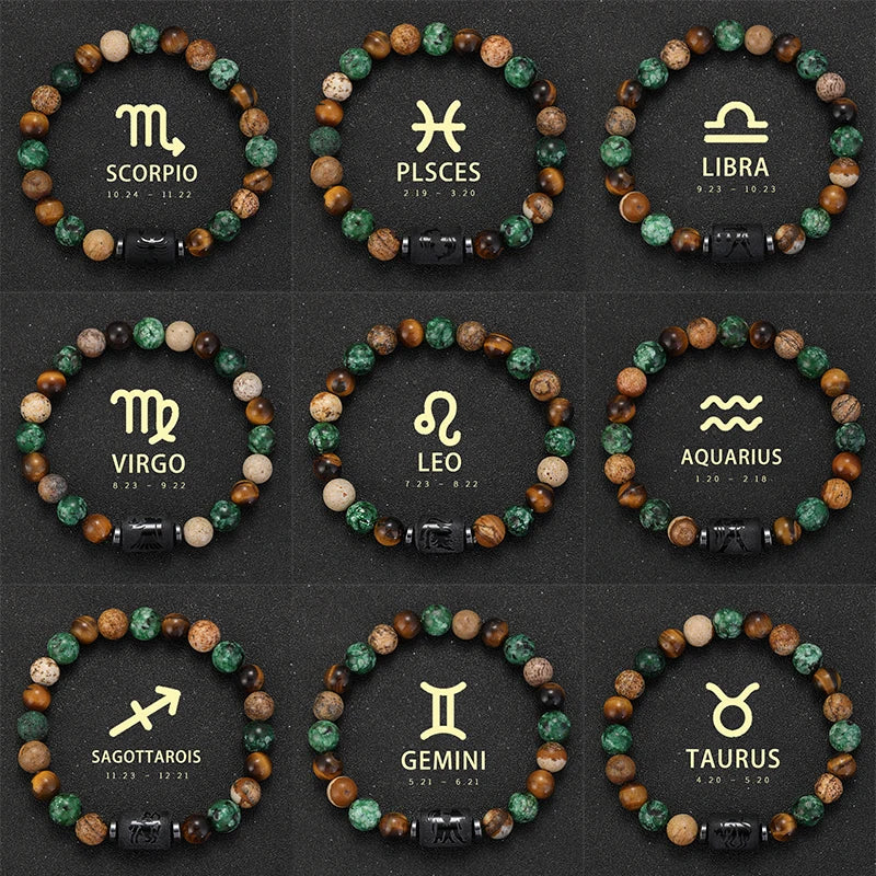 12 Zodiac Signs Natural Stone Bracelets Taurus Cancer Virgo Pisces Bracelets Ladies Men Couples Friendship Jewelry Gift Bracelet