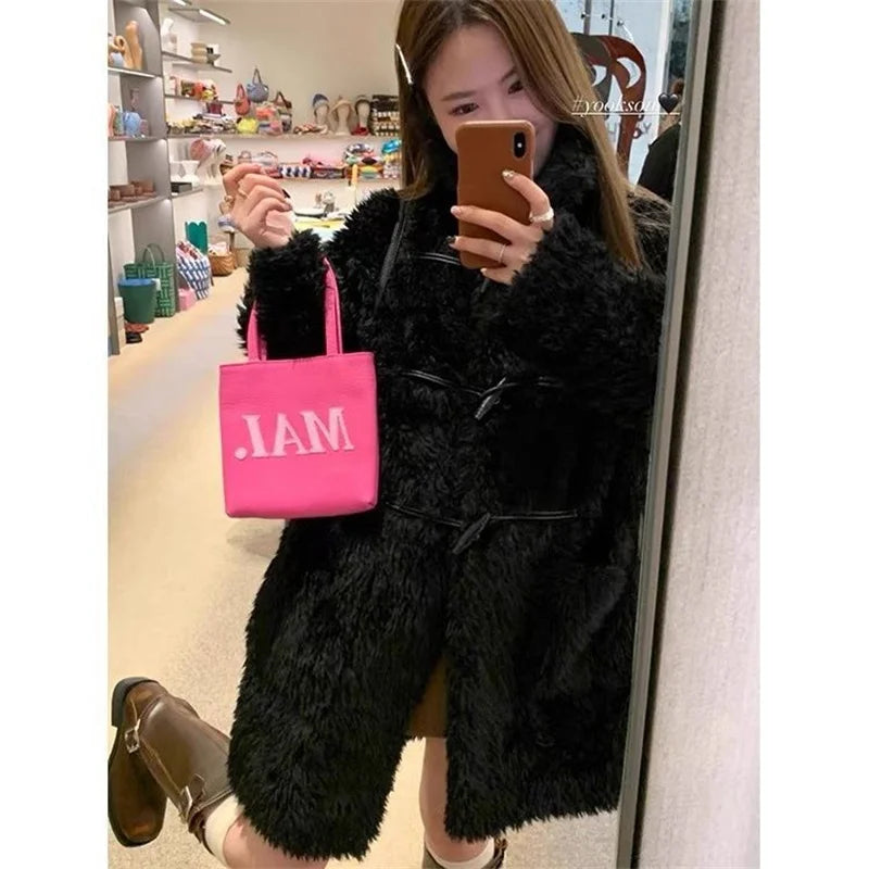 HEYGIRL Black Brother Teddy Pupu Chao Leather Loop Cow Horn Buckle Warm Loose Imitation Lamb Wool Coat for Women Cardigan Jacket