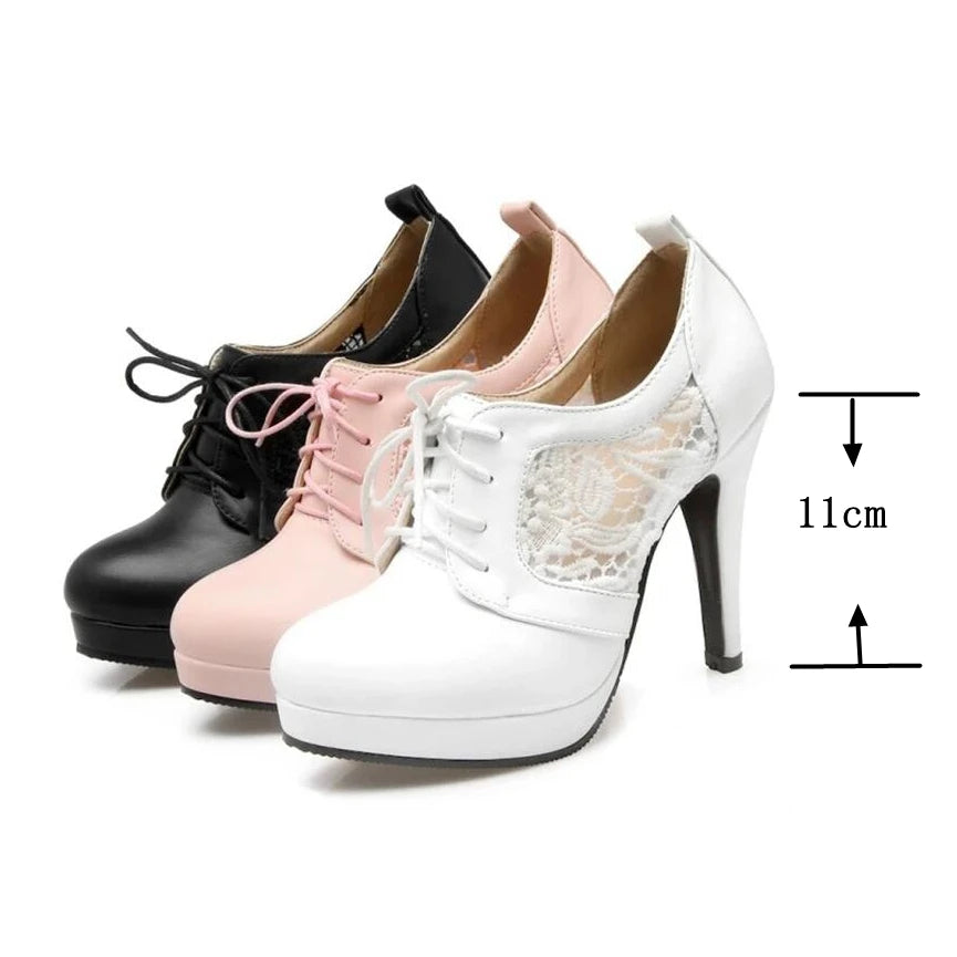 REAVE CAT 2022 Romantic Ladies Knitted Pumps Mesh Lace Up Pointed Toe Platform 11CM Spike Cover Heel US12 Pink White Black A4372