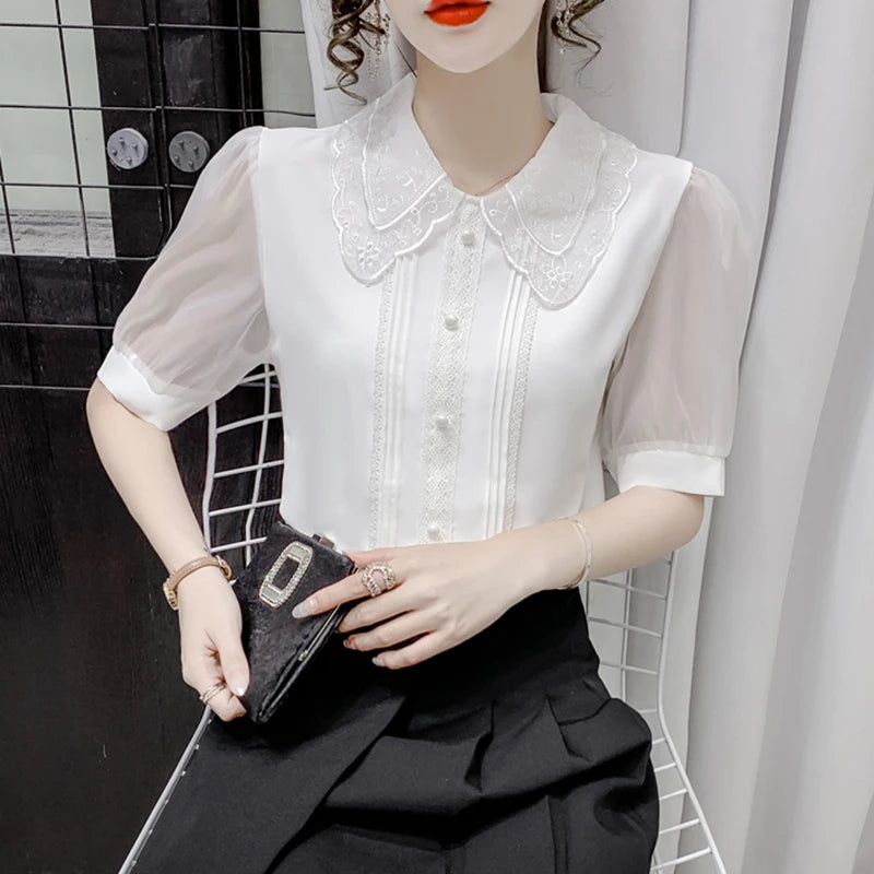 Vintage Summer Chiffon Blouses Women 2024 Elegant Fashion White Blusas Mujer Beading Sexy Puff Sleeve Casual Ladies Tops Shirts