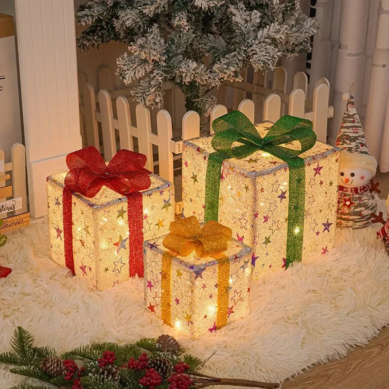 3pcs Holiday Decorations Christmas Decorations Luminous Gift Box With Bow For Holiday Christmas Tree Home Yard Decor 2024