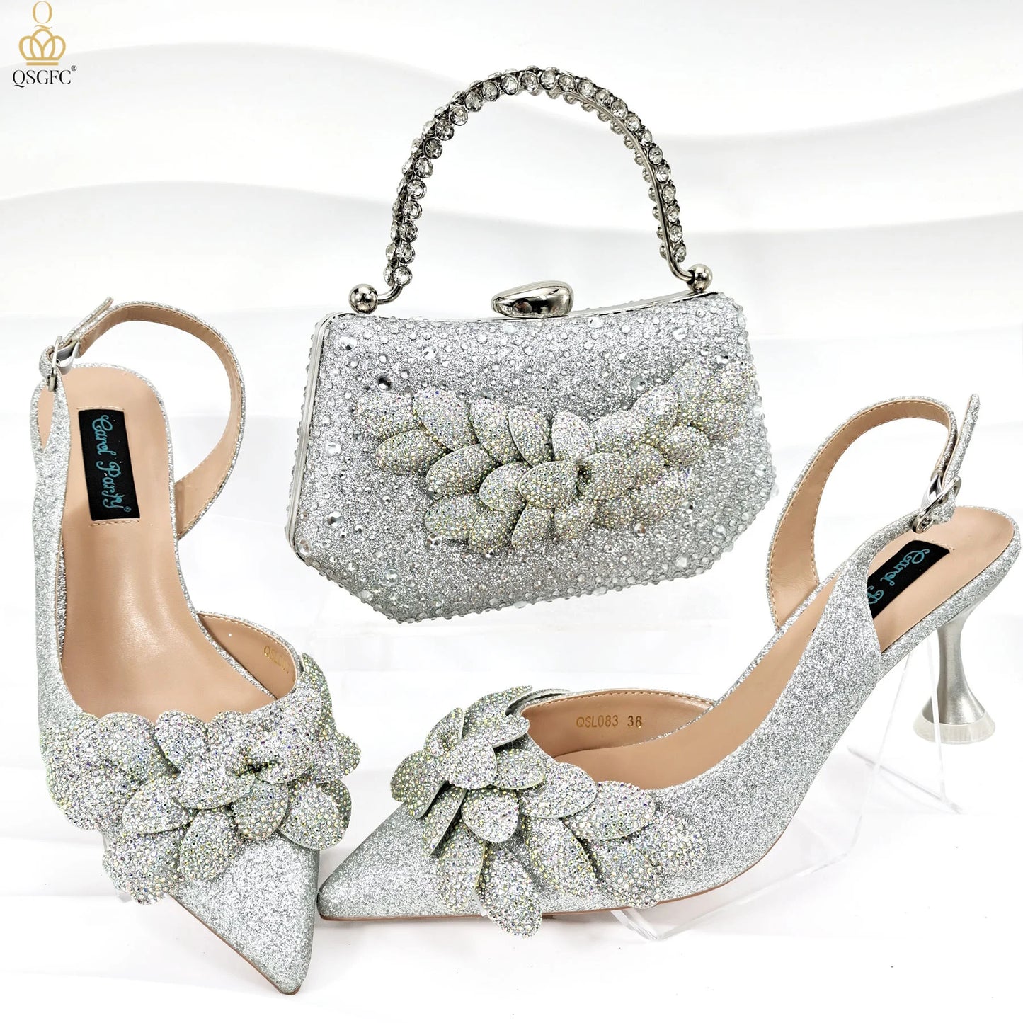 Italian Design Silver Glitter Fabric Fashionable And Exquisite Shoes And Bag Comfortable To Wear Shallow Pointy Toe Stiletto