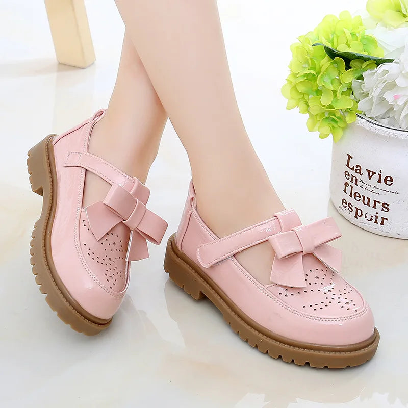 Kids Leather Shoes Girls Oxfords Leather Flats T-strap Children's Shoes Cut-outs Breathable Anti-slip British Vintage Style Bow