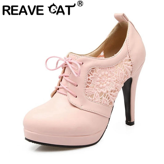 REAVE CAT 2022 Romantic Ladies Knitted Pumps Mesh Lace Up Pointed Toe Platform 11CM Spike Cover Heel US12 Pink White Black A4372