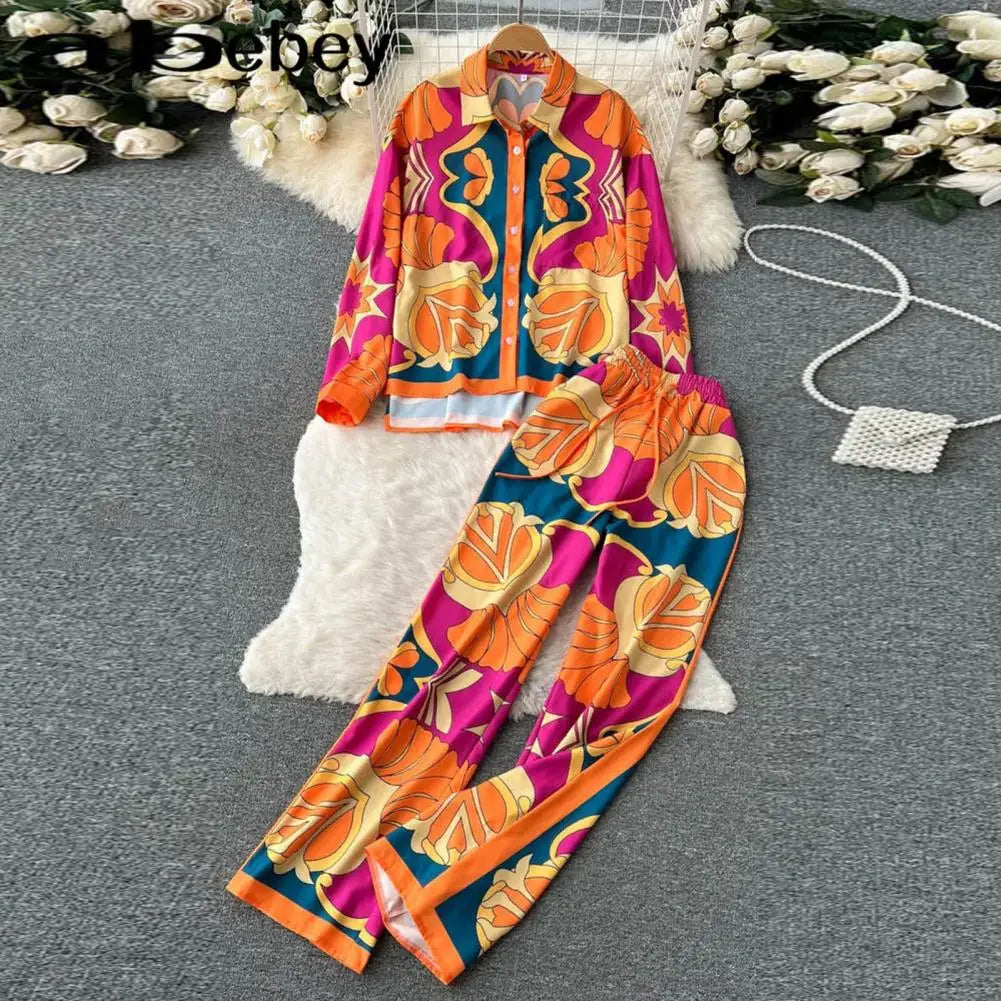 2 Pcs/Set Ladies Shirt Pants Suit Bright Color Print Wide Leg Loose Women Printed Suit Casual Youth Vacation Top Trousers Set