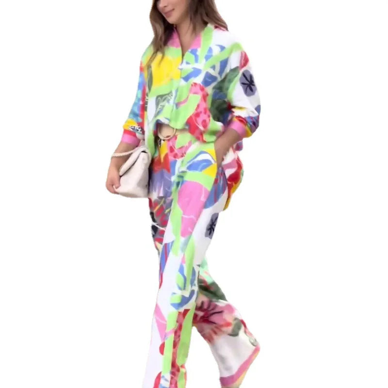 Fashion Color Print Two Piece Set Women Trendy Loose Long Sleeve Shirts Wide Legs Trousers 2 Piece Set Female  Commuting Suits