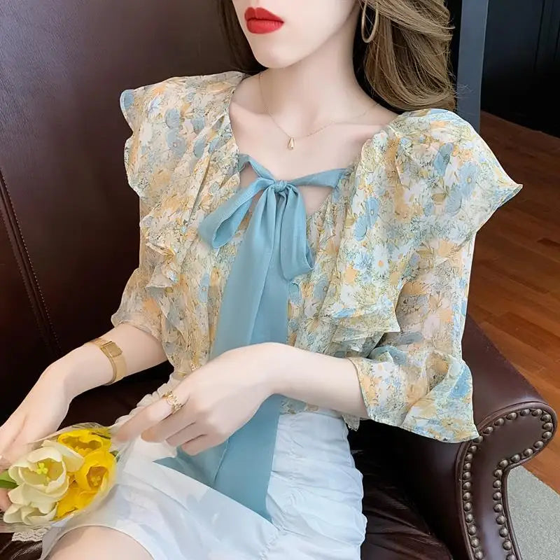 Chiffon with Bow Women's Shirts and Blouses Floral Top for Woman Ruffle Frill V Neck Clothing Youthful New Collection 2024 Trend