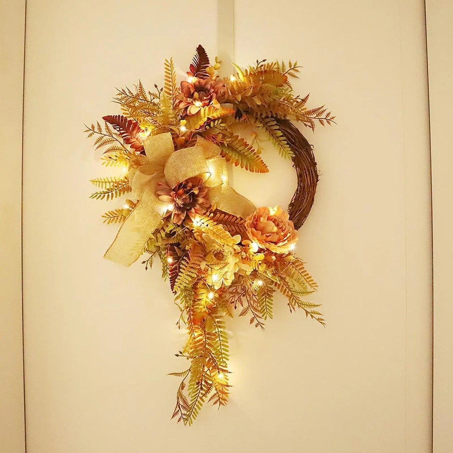 Fall Wreath with Lights Realistic Harvest Wreath Thanksgiving Wreath for Indoor Outdoor Festival Wall Farmhouse Home Decoration