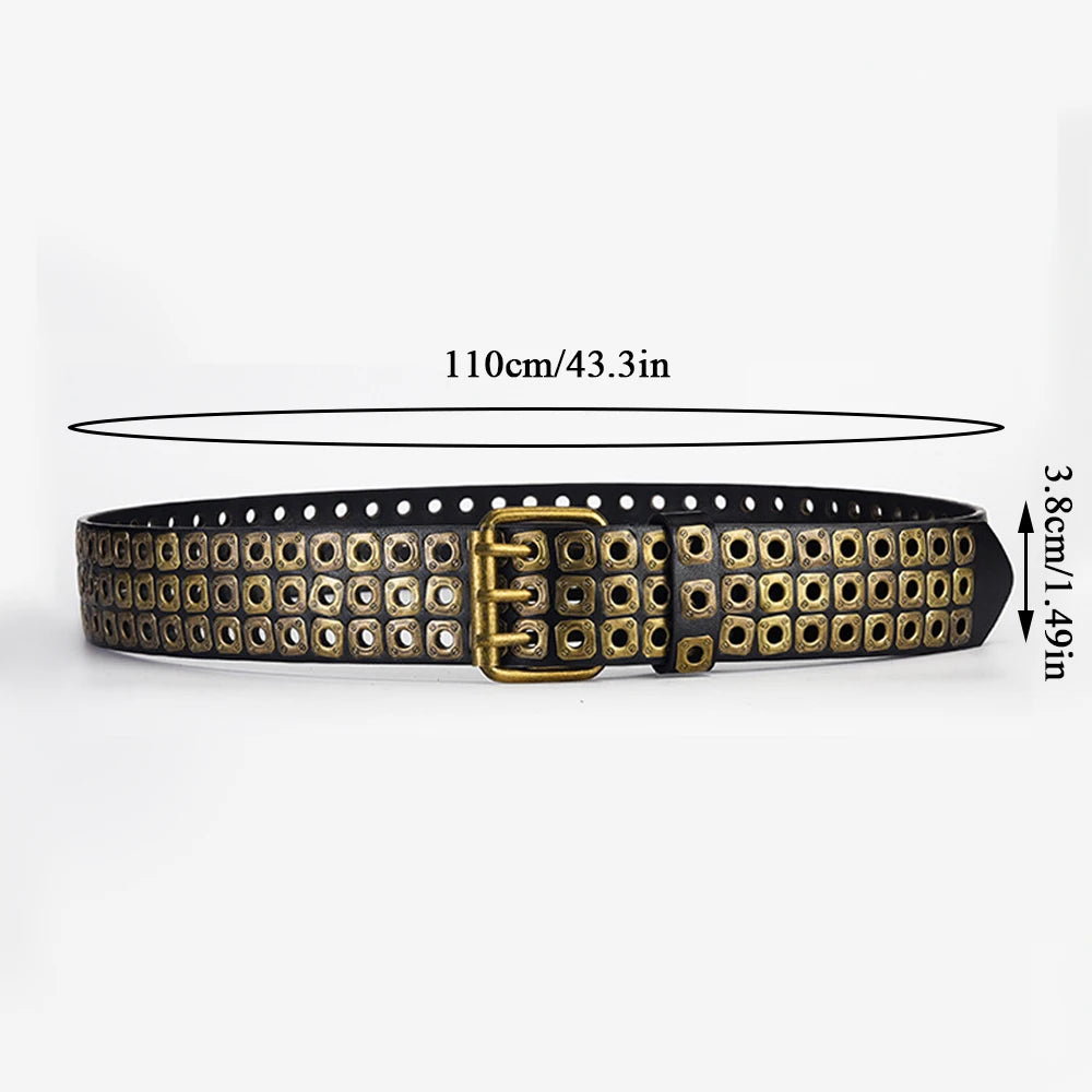 Retro Square Rivet Studded Waist Strap Men'S Belt With Double Row Needle Buckle Women'S Belt Hip-Hop Rock Punk Y2k Style Jeans