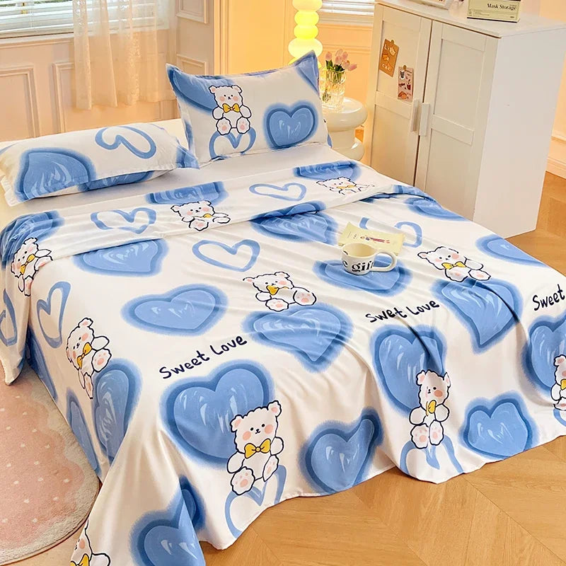 Cute Cartoon Bear Bed Sheet Set Love Heart Print Flat Sheet & 2 Pillow Sham Luxury Bed Cover Soft Top Sheets Decorative Bedding