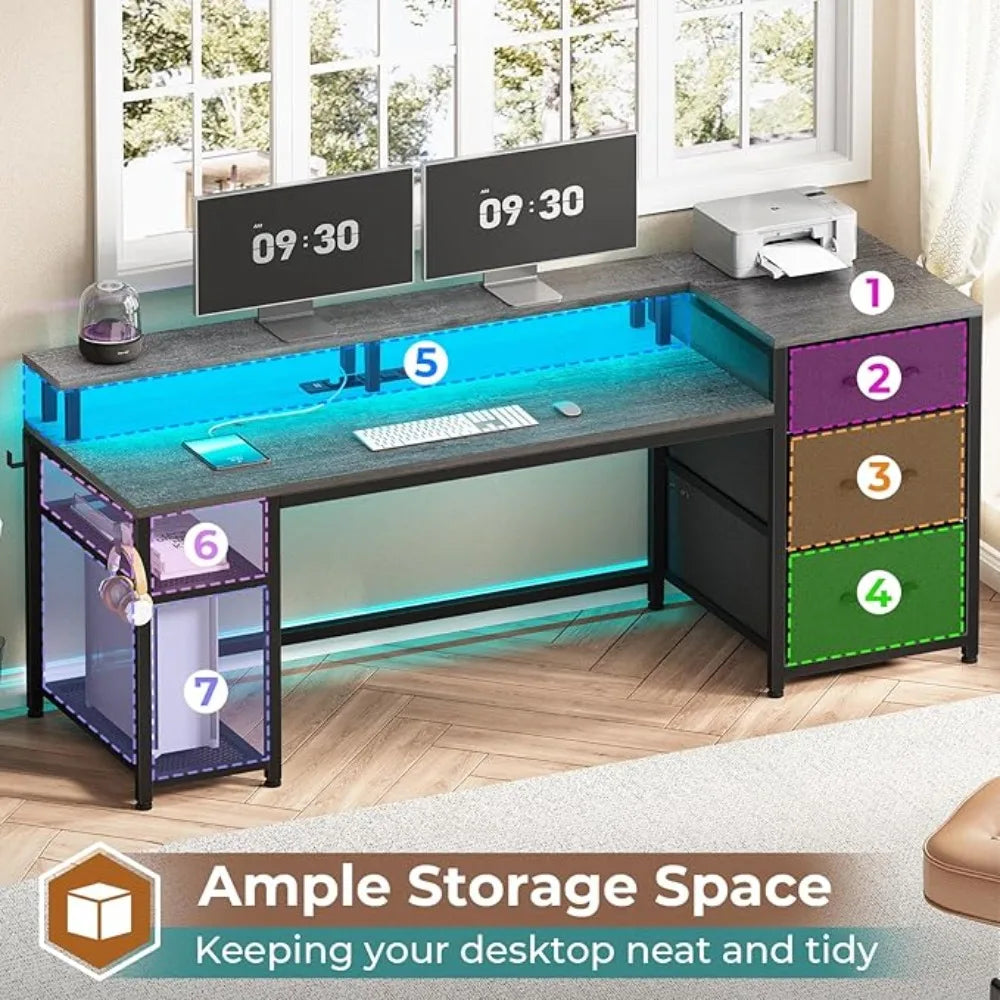 59" Office Desk with Drawers, Reversible Computer Desk with File Drawers & Storage, Gaming Desk with LED Lights & Power Outlet
