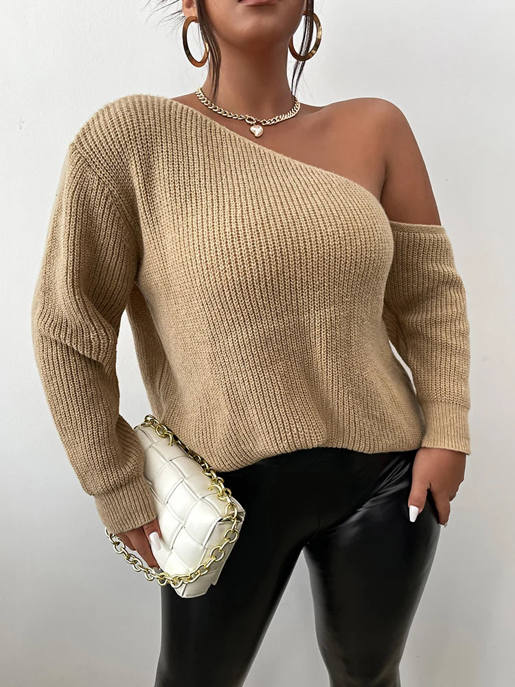 ONELINK Light Brown Asymmetric One Shoulder Sexy Plus Size Wool Women's Sweater Pullover Flat Knitting Long Sleeves Loose Tops