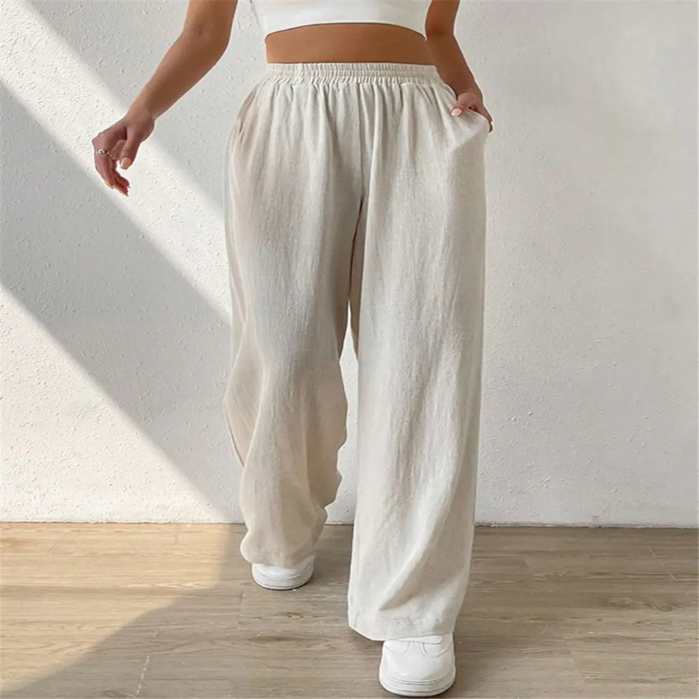 Women Summer Wide Leg Pants Cotton Linen Blend Slacks Loose High Waisted Trousers Office Lady Casual Streetwear