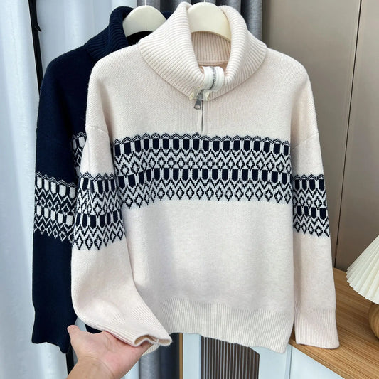 Stylish Contrast Color Jacquard Turtleneck Sweater Women Autumn Winter 2023 Plus Size Thermal Pullover Jumpers