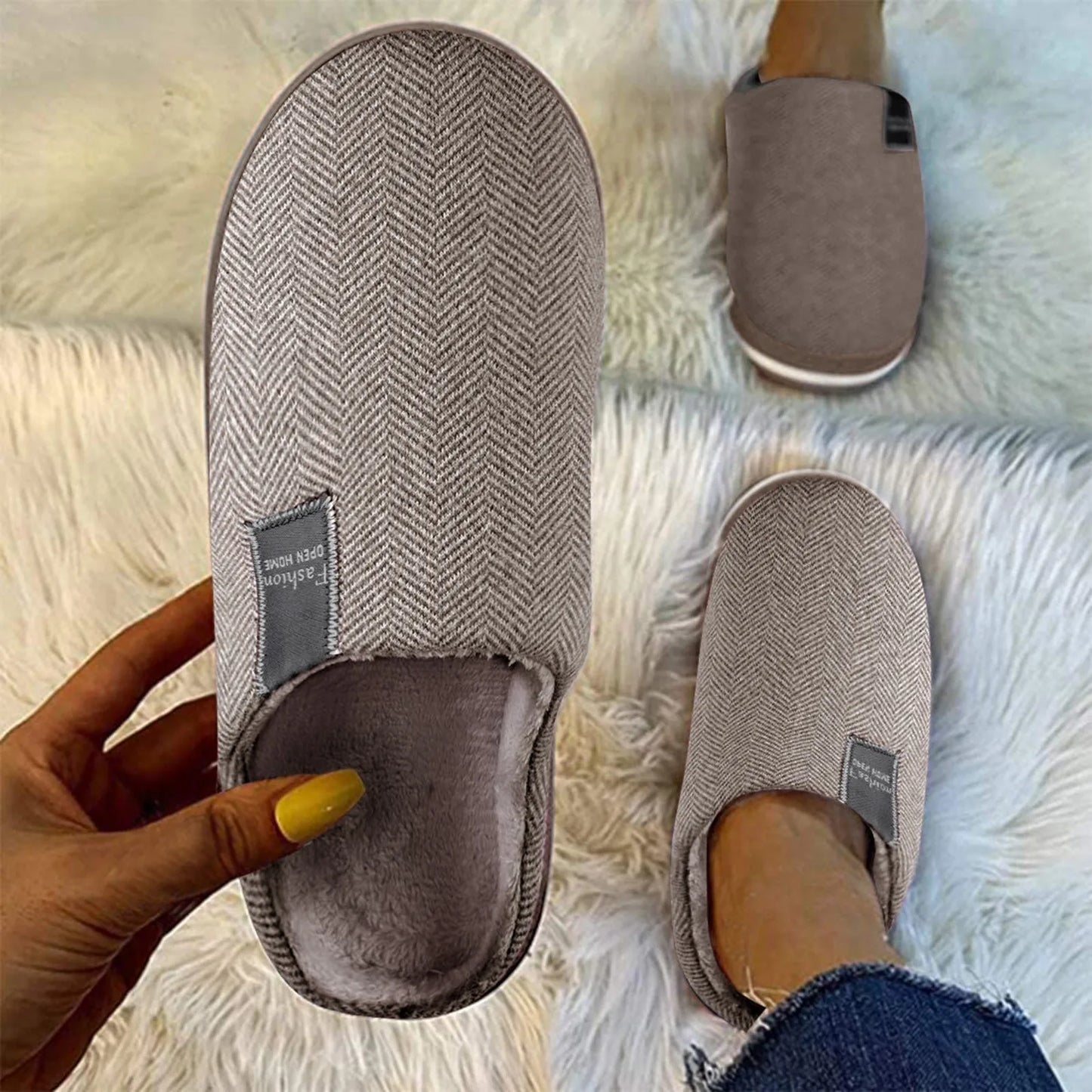 Indoor Outer Wear Cotton Shoes Flat Slipper Home Floor Anti-slip Slides Fall Winter Warm Fluffy Shoes Soft-Sole Zapatos De Mujer