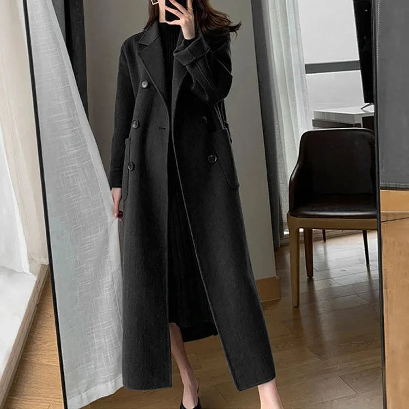 Elegant Belt Long Wool Blends Coats Oversize 90kg Korean Thick Winter Outerwear Double Breasted Woolen Chaquetas Warm Jacket