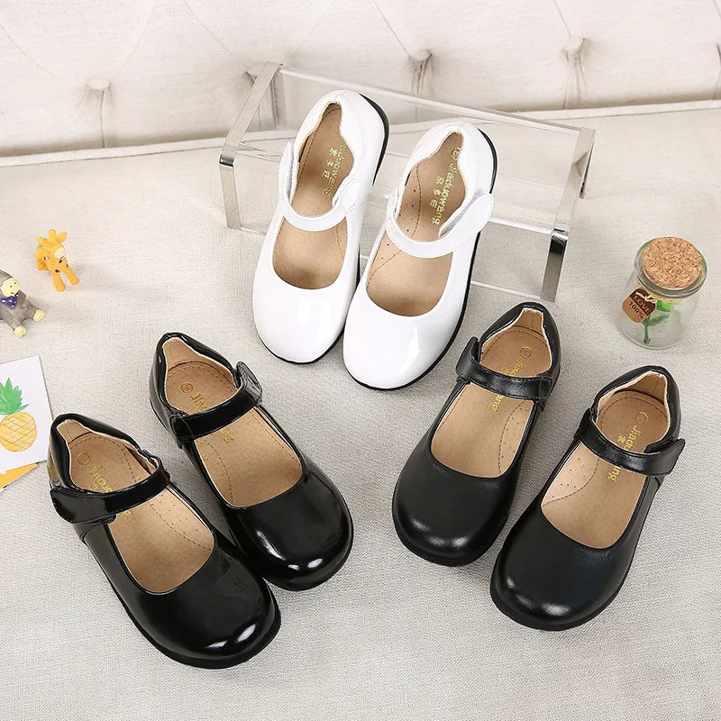 2023 New Black Uniform School Shoes for Girls Hook & Loop Versatile Soft Children Fashion Leather Shoes for Party Classic Korean