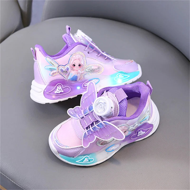 Disney LED Casual Sneakers Spring Girls Frozen Elsa Princess Leather Rotating buckle Shoes Children Lighted Non-slip Pink Purple