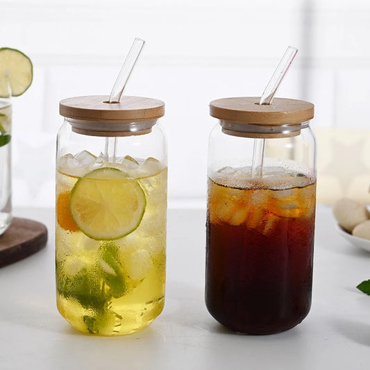 Drinking Glasses with Bamboo Lids and Glass Straw Can Shaped Glass Cups Beer Glasses Iced Coffee Tumbler Cup