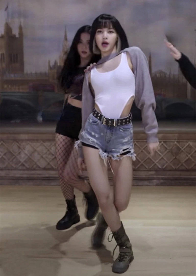 Kpop Girl Group LISA Jazz Dance Gray Slim Long Sleeve Hoodies Short White T-shirt Hip Hop Waist Denim Shorts Women Two Piece Set