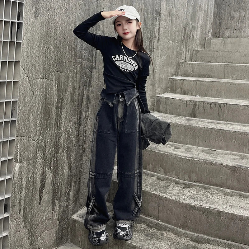 autumn teen girls high waisted straight leg jeans Gradient color wide leg cowboy pants/Cotton off shoulder T-shirt Floor trouser