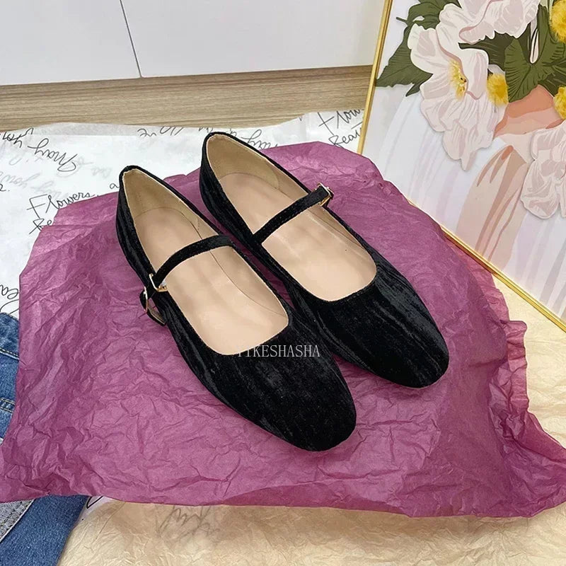 2024 Women Shoes Luxury Velvet Ballet Shoes Women Square Toe Flat Mary Janes Ladies Fashion Buckle Strap Velour Shallow Loafers