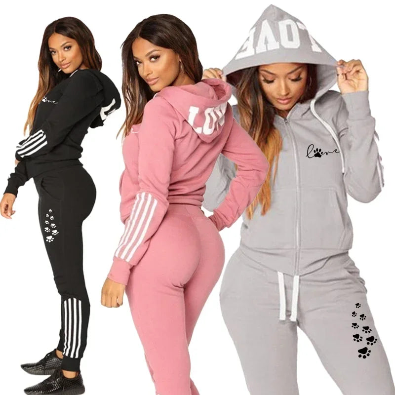 Spring Autumn Women's Casual Stripe Print Zipper Sweater+Sports Pants 2PCS Sets Ladies Sportswear Jogging Suit Outfits