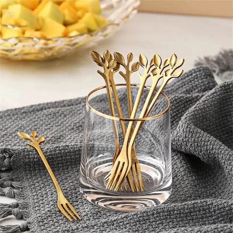 5Pcs Luxury Stainless Steel Fruit Fork Gold Color Leaf Shape Flatware Coffee Stirring Snack Cake Dessert Fork Kitchen Tableware