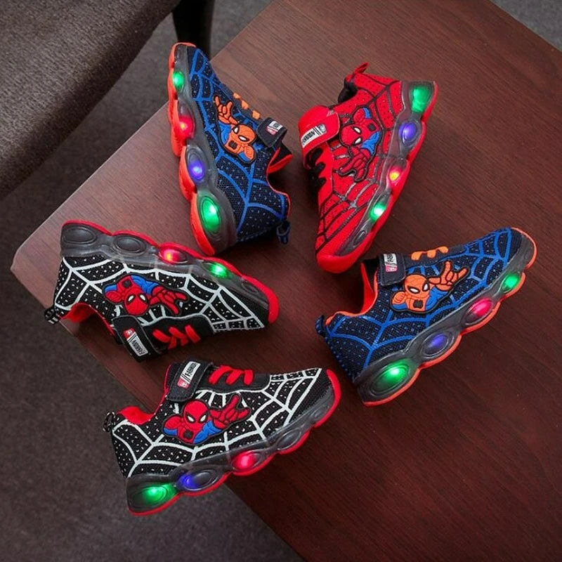 Disney 2023 New Glowing Sneakers Spiderman for Boys Girls Anime Fashion Kids Shoes Led Light Up Breathable Sports Running Shoes