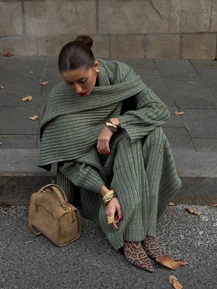 Women Scarf Knitted Sweater Sets Lazy Oversize Full Sleeve Shawl Pullover Long Pants 2024 Autumn New Casual Lady Commuter Suits