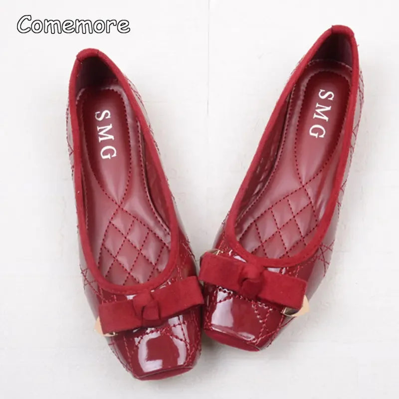 Comemore Leather Women Solid Ballerina Flats Plus Size 35-41 Office Shoes Ladies Black Espadrilles Square Toe Bow-knot Moccasins