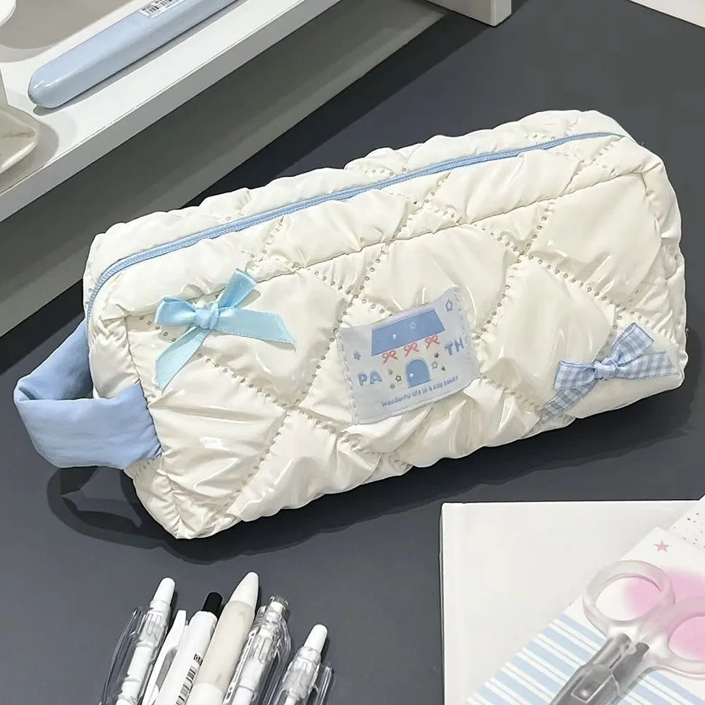 Korean Sweet Bow Pencil Case Student Girls Large Capacity Pencil Bag Portable INS Cosmetic Case Stationery School Supplies