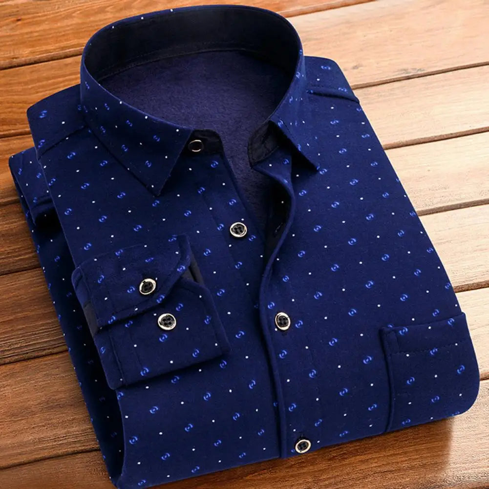 Men Fleece Thermal Shirts Plaid Print Thick Plush Men's Cardigan Shirt for Fall Winter Business Style Lapel Single-breasted