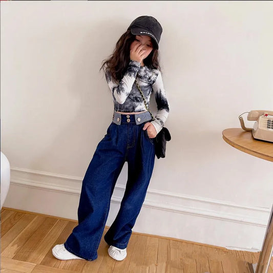 New Baby Girl Spring Autumn Wide Leg Jeans Children Patchwork Casual Denim Pants Kids Loose Fashion Trousers Teenage Clothes 600