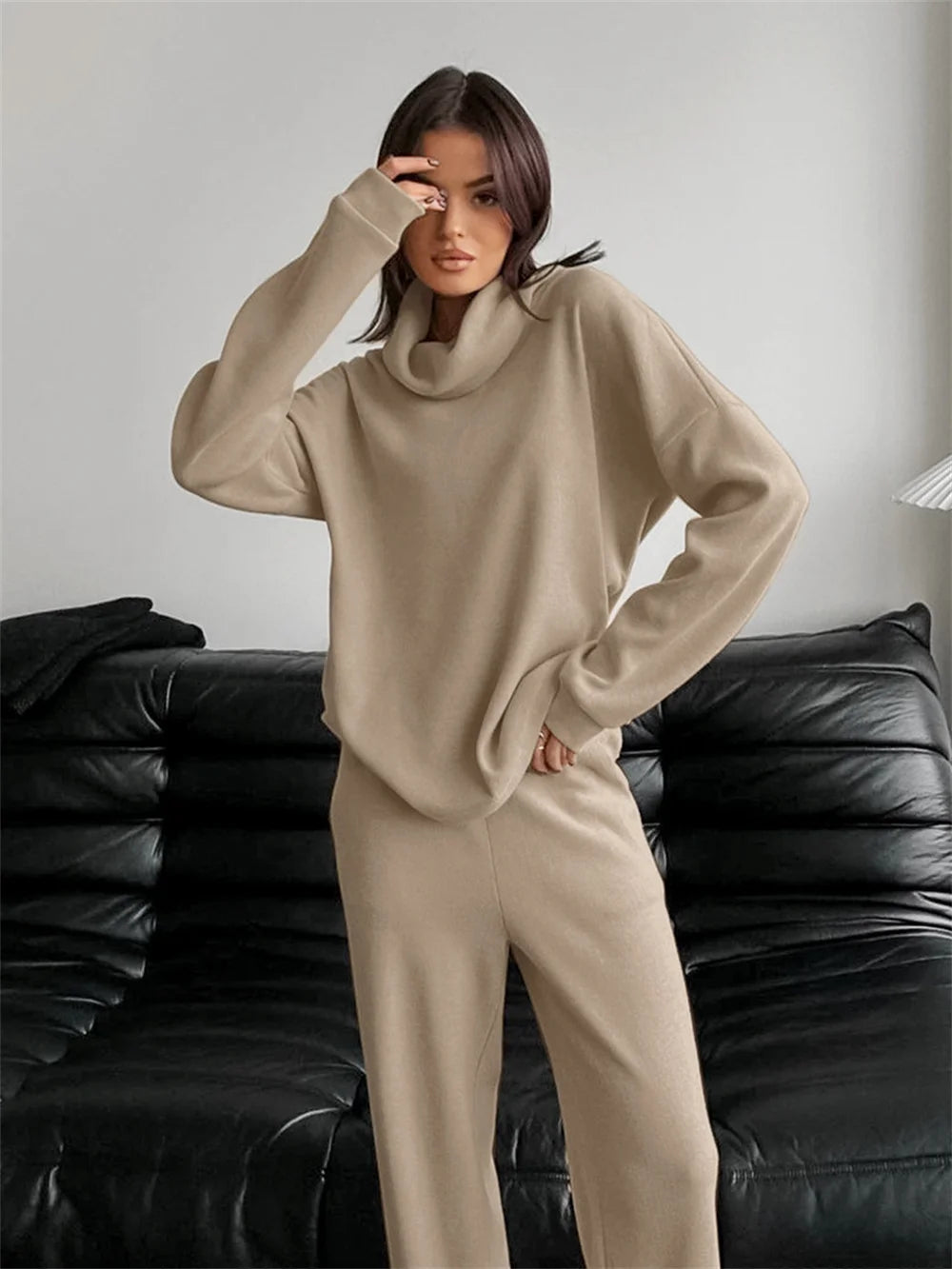 Casual Khaki Knitted Suit for Women Autumn Winter Loose Turtleneck Long Sleeve Sweater and Wide Leg Pants Sports Suit