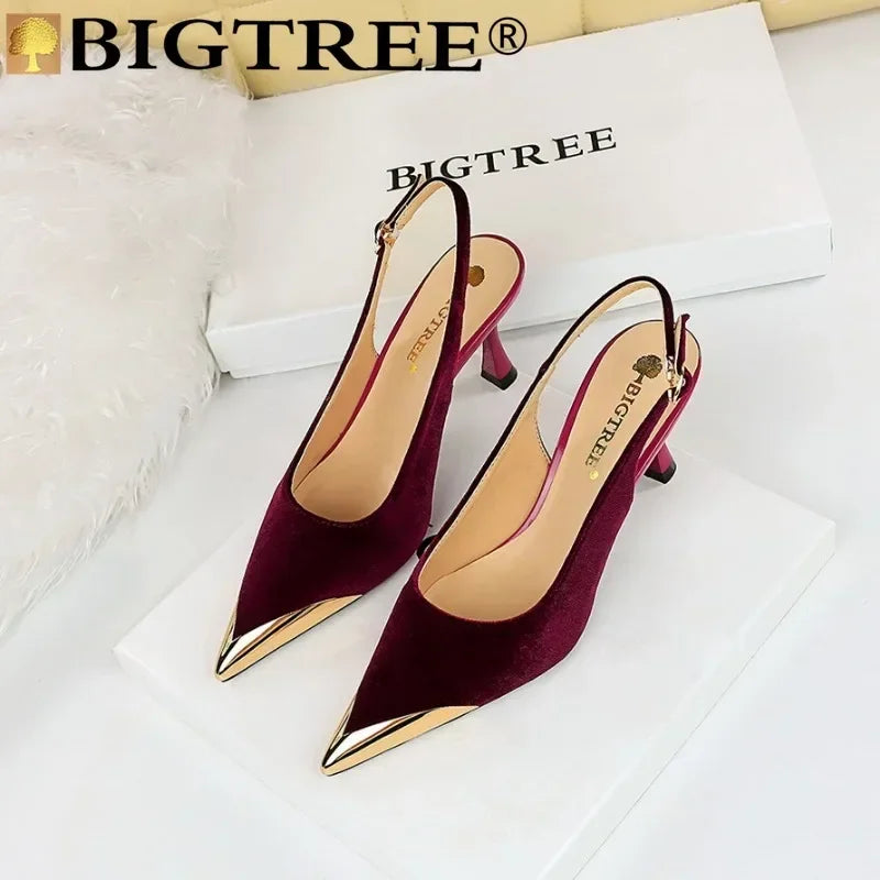 BIGTREE Sexy Women Pumps Office Lady Party Metal Decoration Pointed Toe Flock 7CM Thin Heels Fashion Girls Women Shoes Black