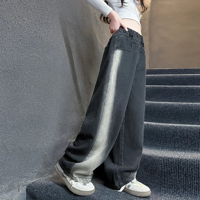 Girls Jeans for Kids New Gradient Color Fashion Denim Wide Leg Pants 2024 Spring Autumn Teenagers Loose Long Trousers 5-14Years