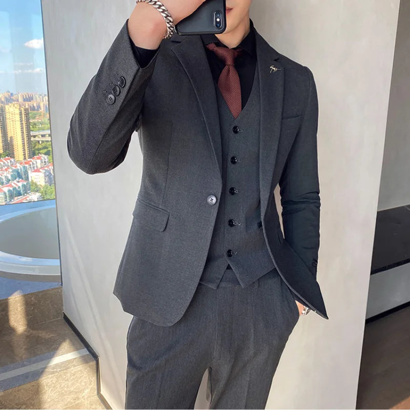 (Jackets+Vest+Pants) 2022 New Men's pure cotton business Blazers/Man slim fit three-piece casual suit/Fashion groom dress S-3XL