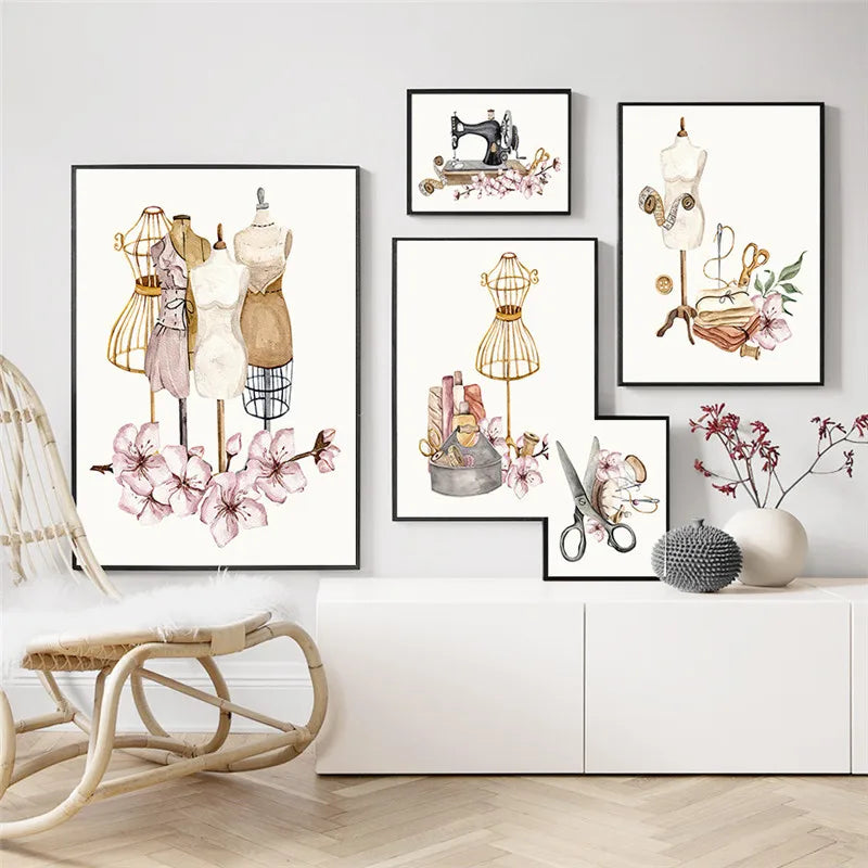 Wall Art Pictures for Gament Shop Decor, Woman Dress, Sewing Machine, Boho Modern Decor, Anime Canvas Print Poster, No Frame