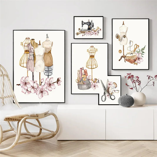 Wall Art Pictures for Gament Shop Decor, Woman Dress, Sewing Machine, Boho Modern Decor, Anime Canvas Print Poster, No Frame