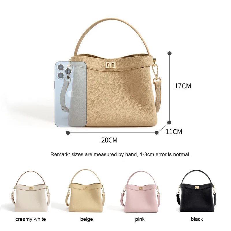 Famicare Luxury Genuine Leather Bucket Handbag Women Simplicity Crossbody Messenger Lady Fashion Small Square Shoulder Bag New