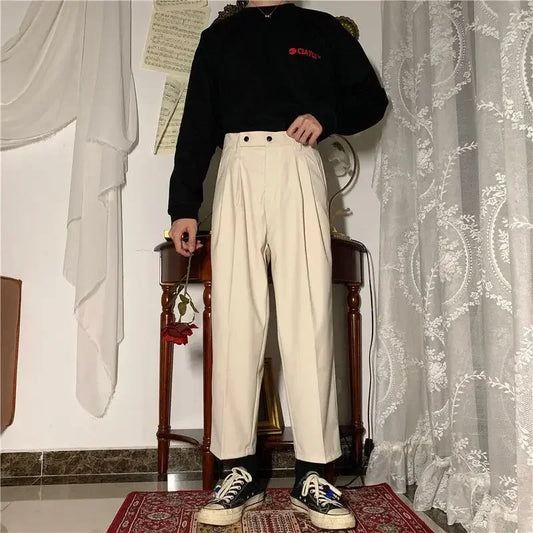 9 Cropped Men's Summer Pants Wide Leg Baggy Male Suit Trousers 2024 Slacks Stylish Work Wear Dress Vintage Luxury Tailoring Up