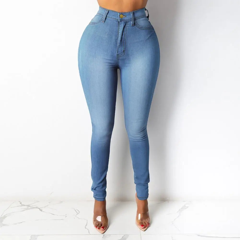 Women Jeans Solid Color Washed Pockets Lady Jeans High Waist Zipper Button Fly Denim Trousers Slim Fit Female Pencil Trousers