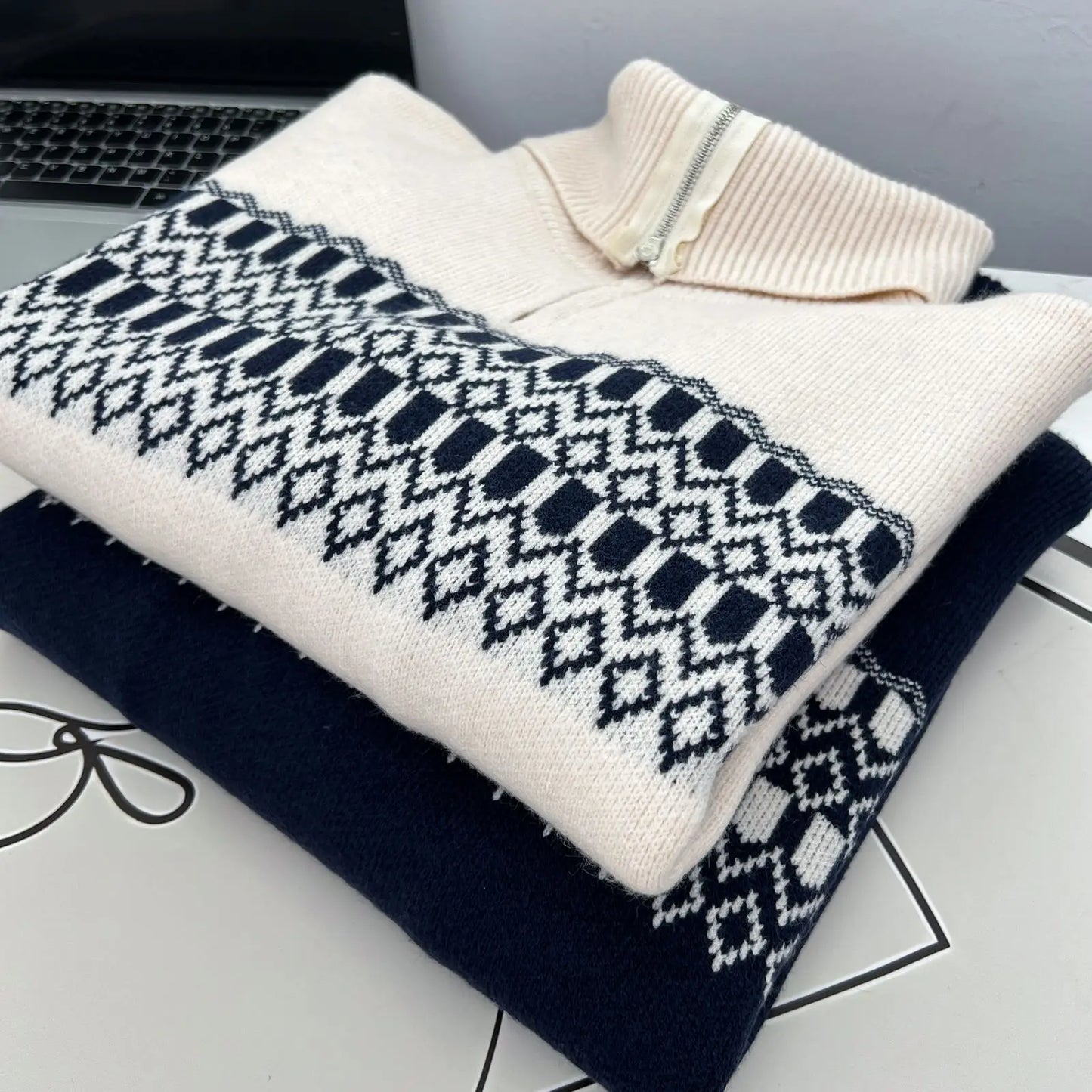 Stylish Contrast Color Jacquard Turtleneck Sweater Women Autumn Winter 2023 Plus Size Thermal Pullover Jumpers