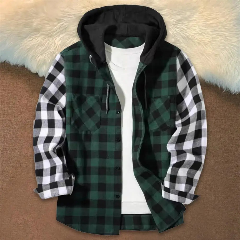 Hooded Shirt Jacket Plaid Pattern Long-sleeve Shirt Men's Plaid Print Hooded Shirt Coat with Adjustable Drawstring for Fall